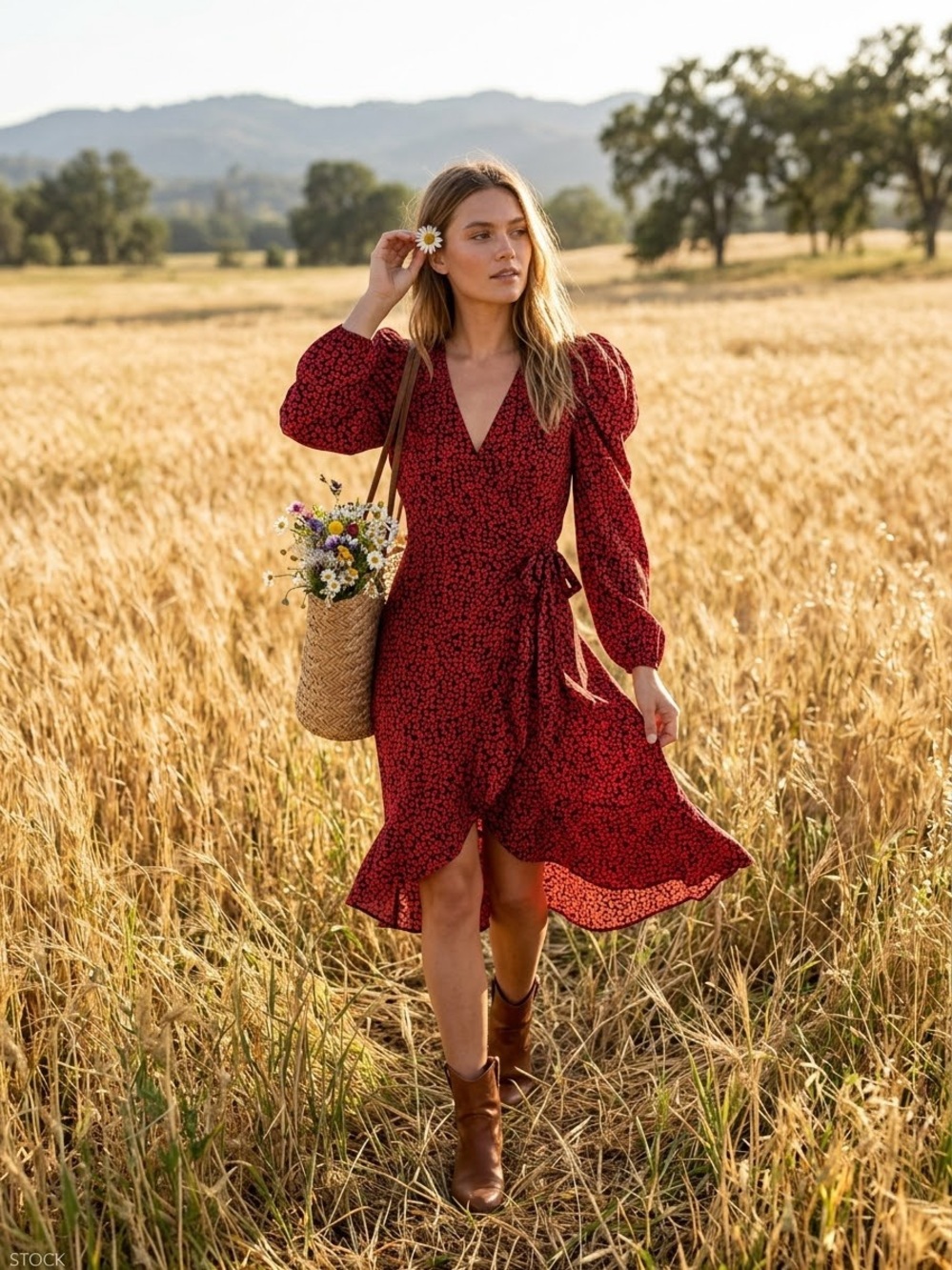 Free People Red Floral Wrap Midi Dress